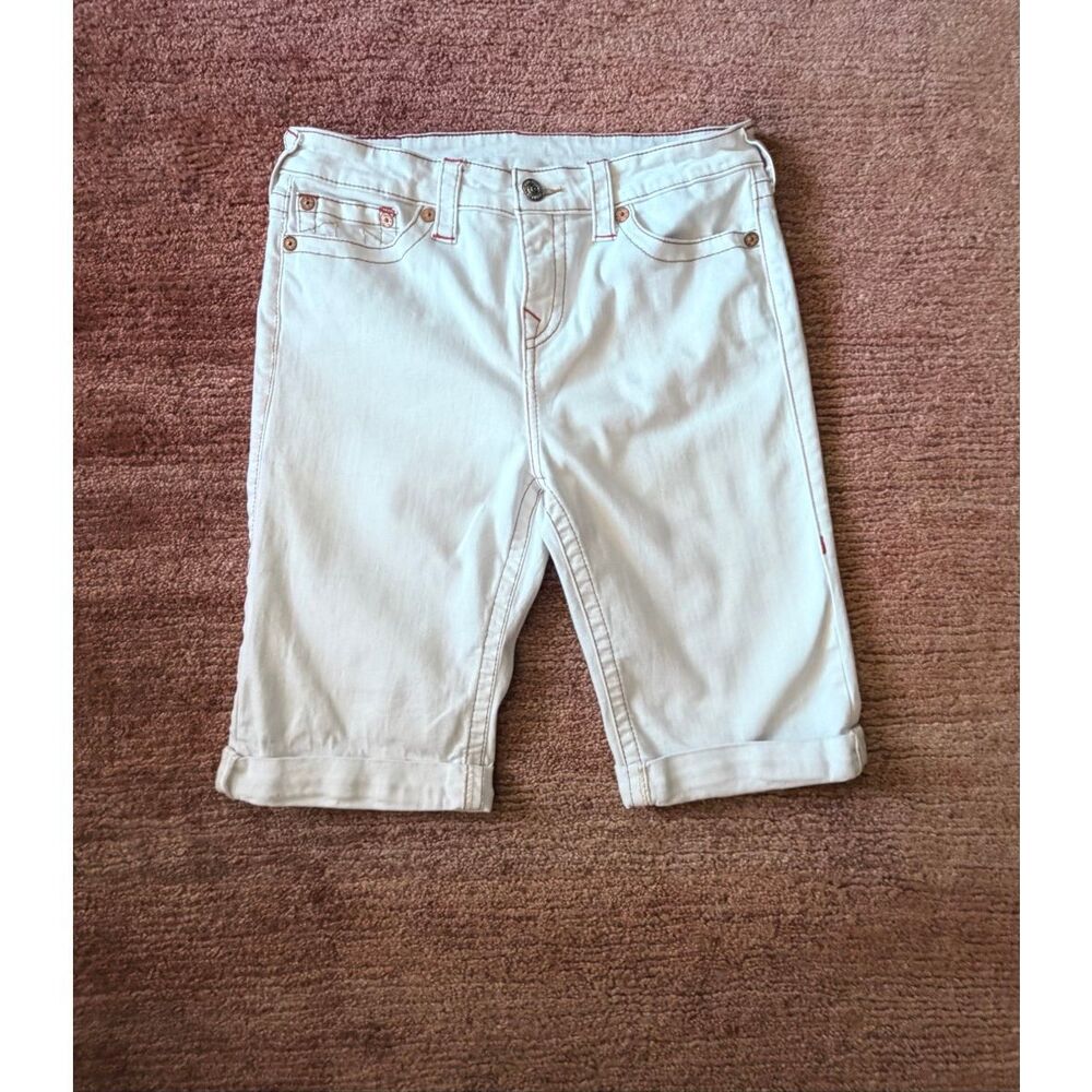 True Religion White Denim Bermuda Shorts Size 32 Riley Knee Length Stretch